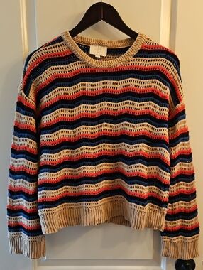 LOFT Outlet Boho Coastal Striped Open Knit Sweater, MP, Boxy, Beach, Coastal